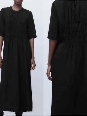 Zara Smocked Shirred Tie back Short Sleeve Black Midi Dress Size S